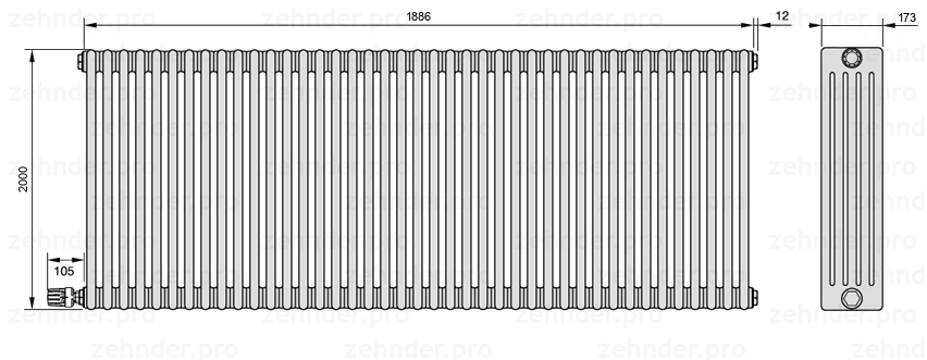 Схема (чертеж) Радиатор Zehnder Charleston 5200/41 №V004 Белый глянцевый RAL 9016